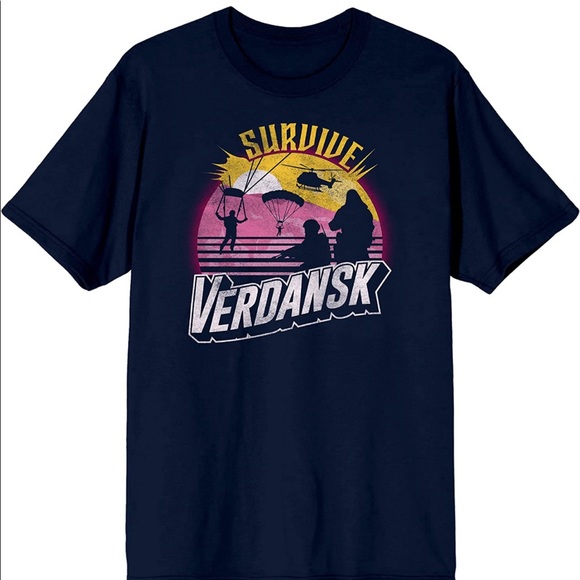 Mens Call of Duty Warzone Retro Survive Verdansk Navy T-Shirt - Picture 2 of 4